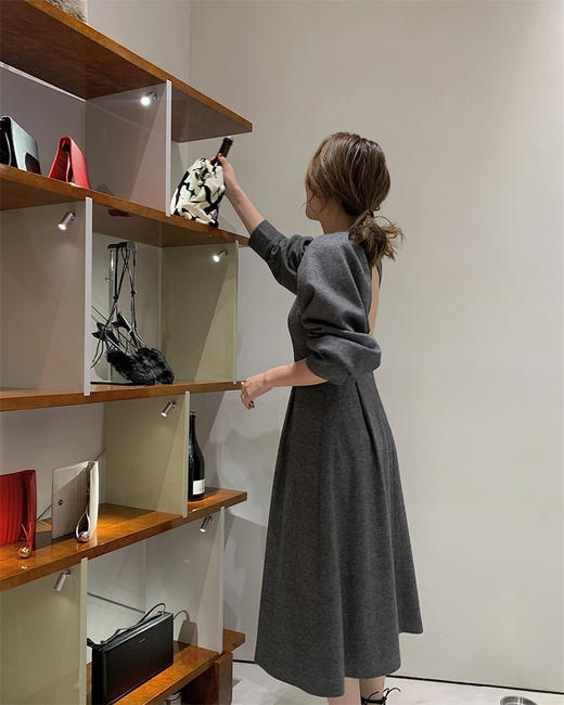 HIDEMI 灰色羊毛廓形设计感露背轻礼服连衣长裙 商品图8