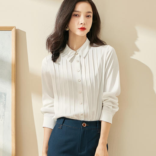 剩XL 米思阳2024秋季新款优雅气质宽松通勤衬衫牙签褶撞色珠边上衣0058 商品图2