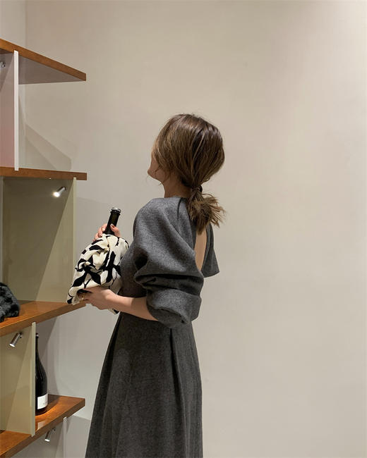 HIDEMI 灰色羊毛廓形设计感露背轻礼服连衣长裙 商品图7