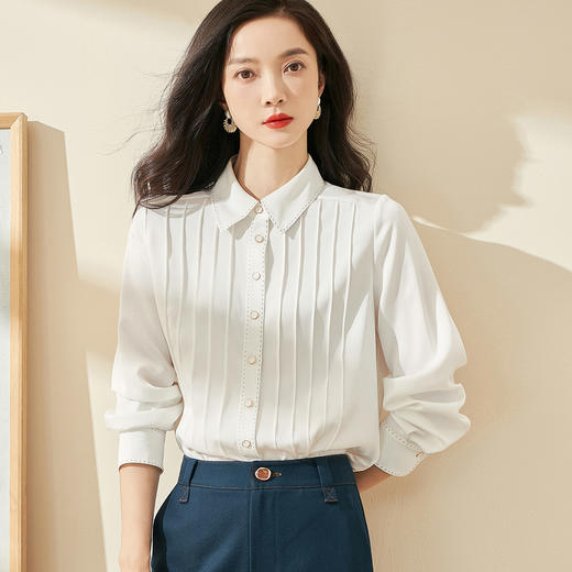 剩XL 米思阳2024秋季新款优雅气质宽松通勤衬衫牙签褶撞色珠边上衣0058 商品图0