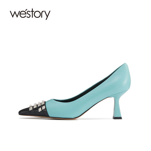 westory欧美铆钉拼接高跟鞋尖头细跟性感气质女鞋新款春季单鞋W22AE54131 商品图1