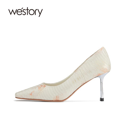 westory高级感蛇皮高跟鞋女早春新款镀金单鞋小方头细跟质感女鞋W22AE53811 商品图1