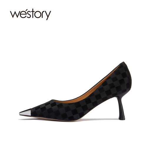 westory早春细跟真皮高跟鞋棋盘格暗纹简约通勤女鞋职场ol单鞋W22AE54082 商品图1