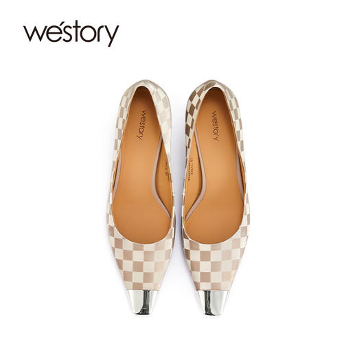 westory早春细跟真皮高跟鞋棋盘格暗纹简约通勤女鞋职场ol单鞋W22AE54082 商品图2