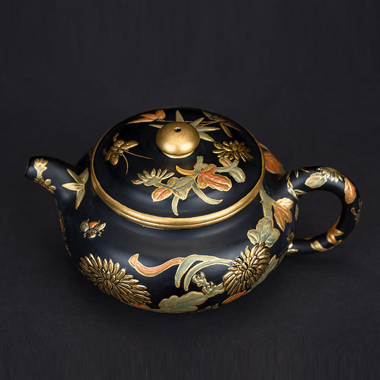 施梦佳仿古·黑漆描金紫砂壶