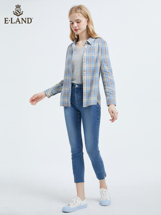 ELAND衣恋2022新款法式系带甜美设计感小众格子长袖衬衫女 商品图1