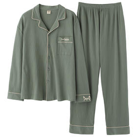 猫人长袖开衫睡衣男MR6604N绿色双面100%棉