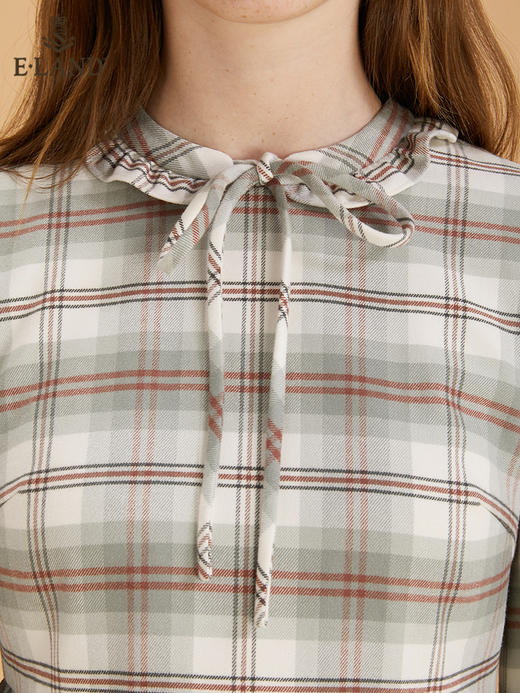 ELAND衣恋 2022新款小清新花边领薄荷色格子甜美连衣裙女EEOWB4TC5M 商品图2