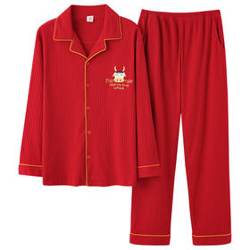 猫人长袖开衫睡衣男MR6616N红色双面100%棉