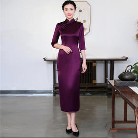 上海旗袍厂LHS-1014新款醋酸缎紫色妈妈装旗袍婚庆婚宴旗袍连衣裙秋冬长款