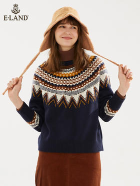 ELAND衣恋新款宽松费尔岛复古花纹半高领圆领针织毛衣女EEKWB4VC1M