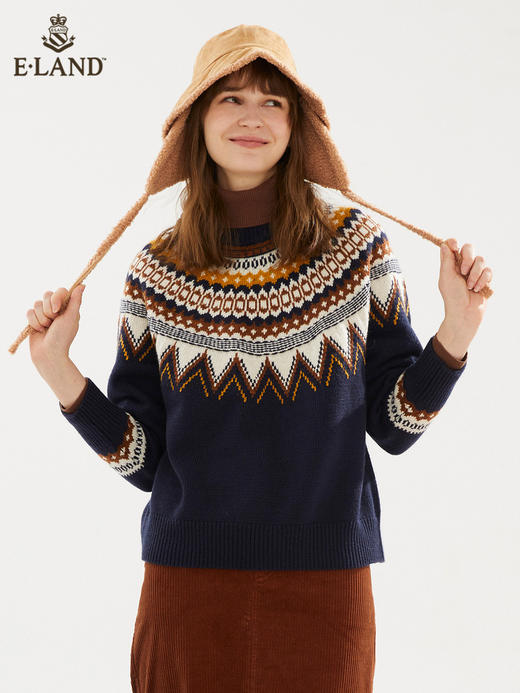 ELAND衣恋新款宽松费尔岛复古花纹半高领圆领针织毛衣女EEKWB4VC1M 商品图0