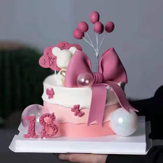 黑巢-玫粉色翻糖蝴蝶结蛋糕生日蛋糕 商品图0