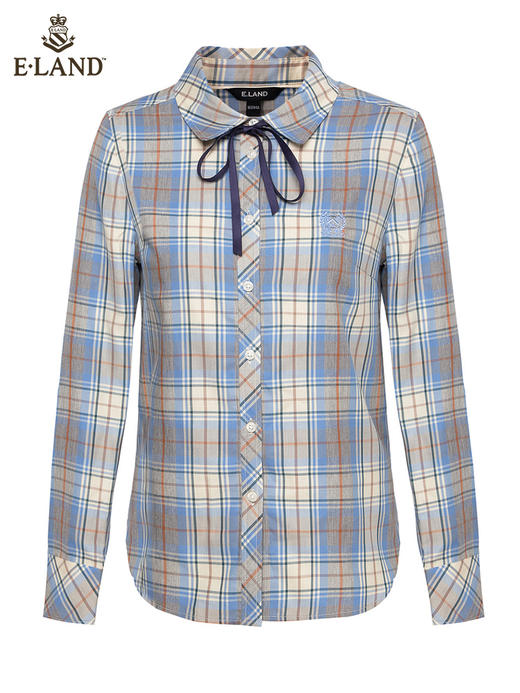 ELAND衣恋2022新款法式系带甜美设计感小众格子长袖衬衫女 商品图3
