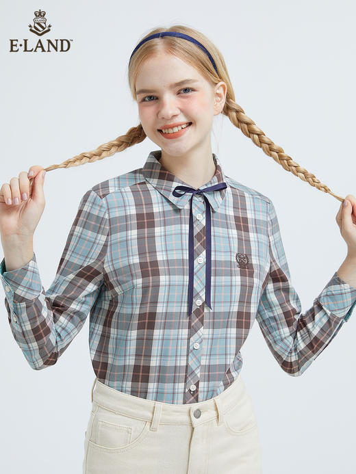 ELAND衣恋2022新款法式系带甜美设计感小众格子长袖衬衫女 商品图0