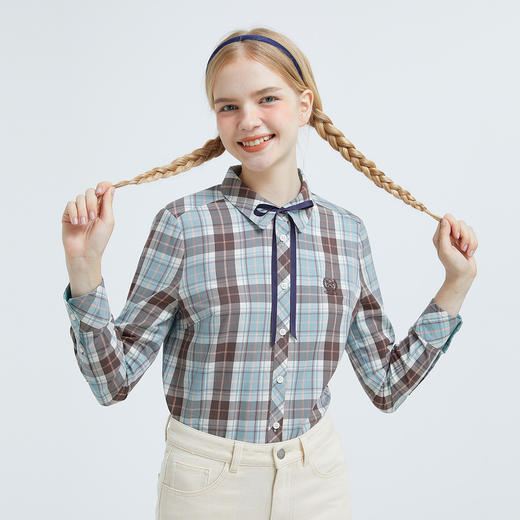 ELAND衣恋2022新款法式系带甜美设计感小众格子长袖衬衫女 商品图5