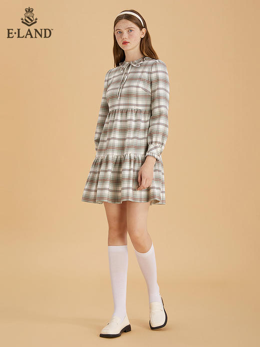 ELAND衣恋 2022新款小清新花边领薄荷色格子甜美连衣裙女EEOWB4TC5M 商品图0