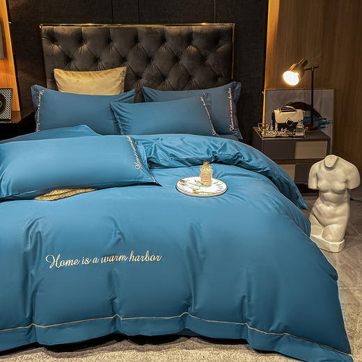 无印良品60s贡缎长绒棉全棉四件套-星空蓝 床笠款 商品图0