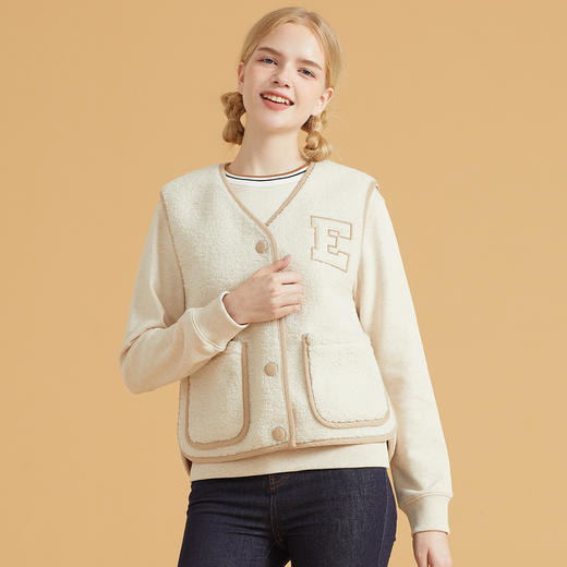 ELAND衣恋2022新款高端温柔可甜羊羔毛短款白色马甲外套女EEJHB49C1M 商品图4