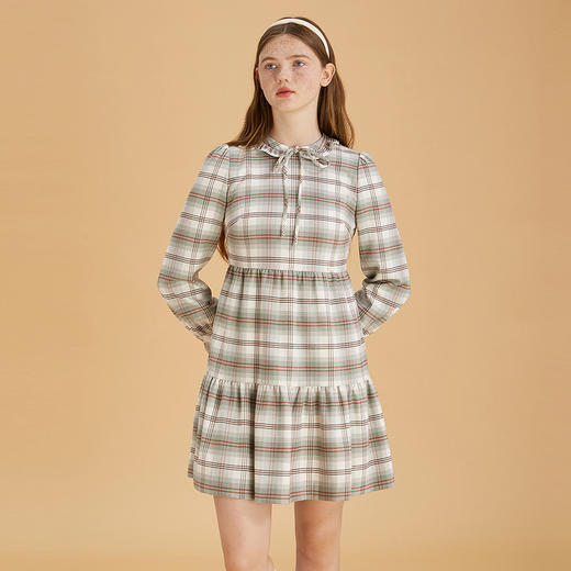 ELAND衣恋 2022新款小清新花边领薄荷色格子甜美连衣裙女EEOWB4TC5M 商品图3