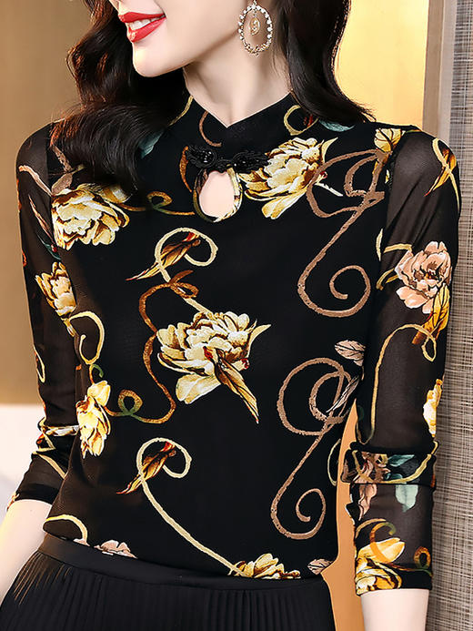 MZ117878 旗袍上衣t恤女2021年新款秋冬加绒加厚贵夫人网纱打底衫高端洋气 商品图2