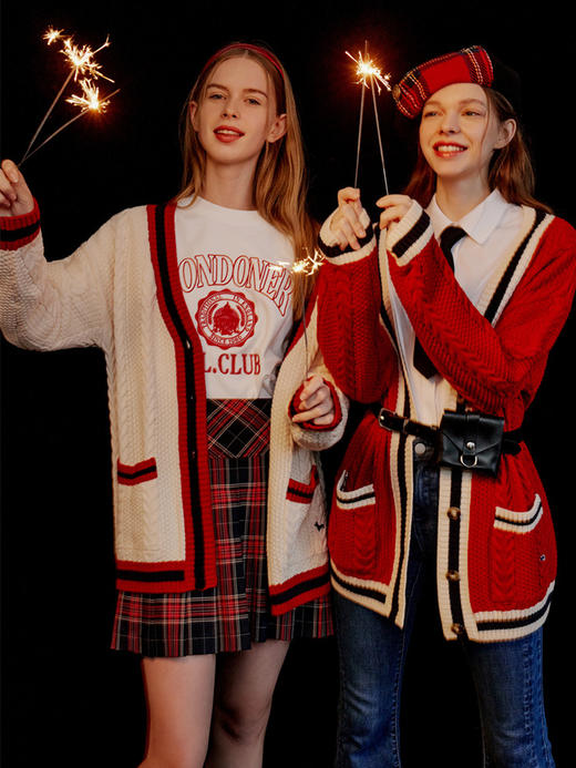 ELAND衣恋学院风立体绞花红色柯基开衫EECKC11H1C 商品图1