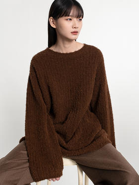 女士2022年新款秘鲁阿尔巴卡羊驼毛混纺单股坑条圆领套头衫