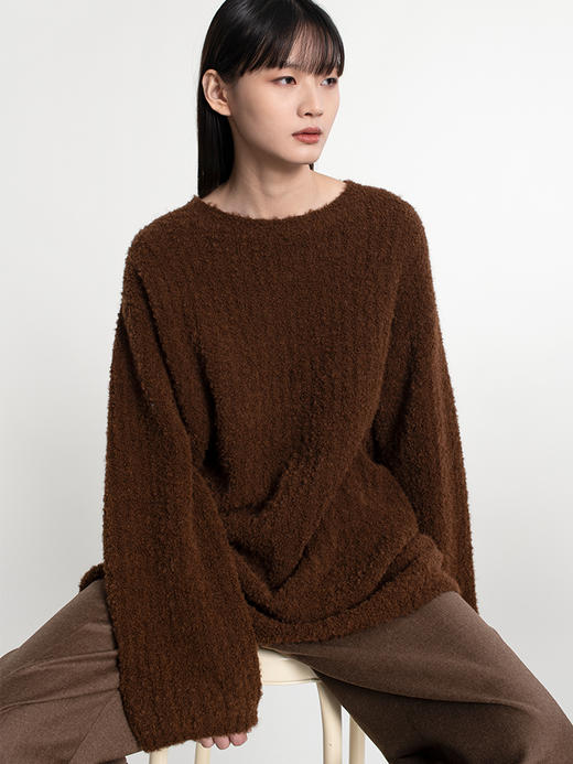 女士2022年新款秘鲁阿尔巴卡羊驼毛混纺单股坑条圆领套头衫 商品图0