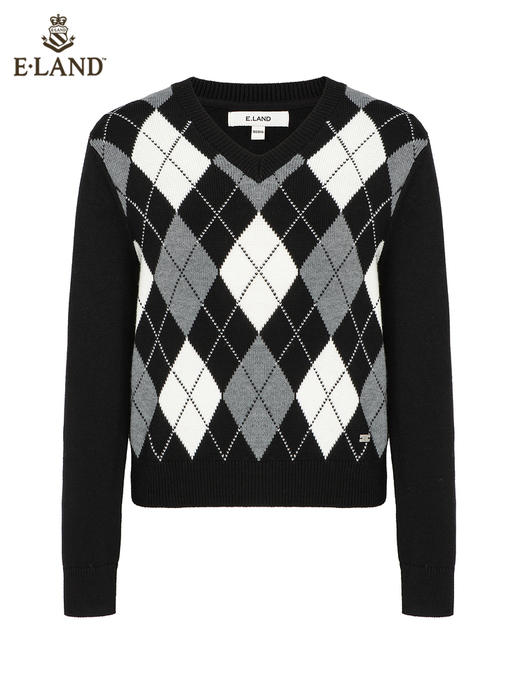 ELAND衣恋简约黑白菱纹V菱针织毛衣EEKWC12H3B 商品图4