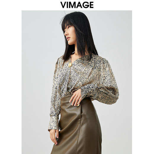 VIMAGE/纬漫纪春季新款100%桑蚕丝时尚印花V领显瘦泡泡袖小上衣女V1713303 商品图0