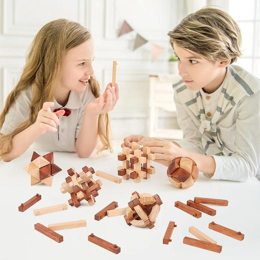 米米智玩斗木三杰孔明锁鲁班锁木质解锁益智榫卯儿童学生实木玩具 商品图1