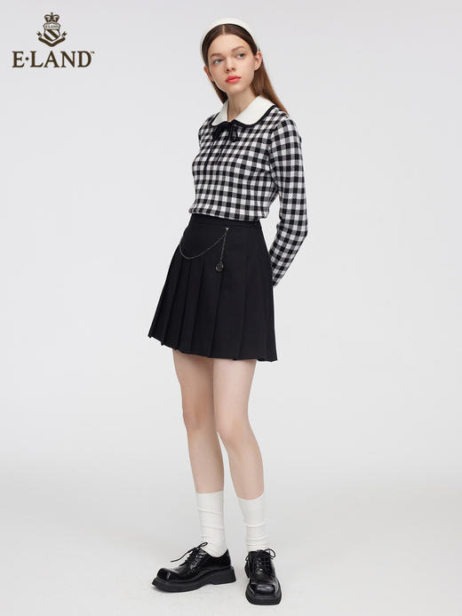 ELAND衣恋甜美娃娃领黑白格子毛衣EEKWC12H2B 商品图0