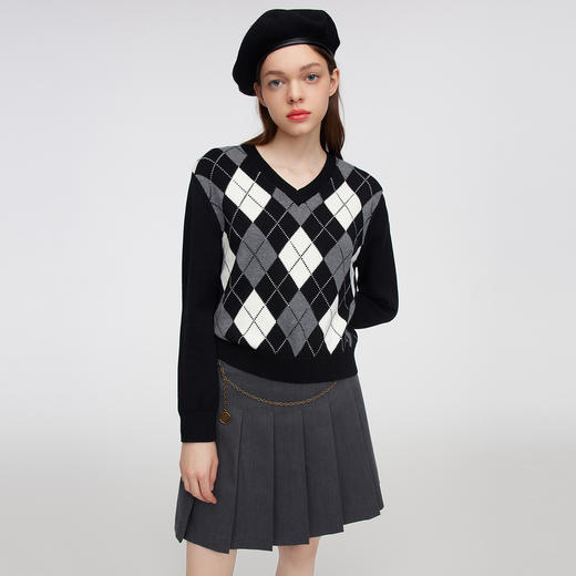 ELAND衣恋简约黑白菱纹V菱针织毛衣EEKWC12H3B 商品图2