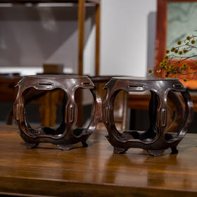 清 红木鱼门洞五足鼓墩形花几摆件（一对）