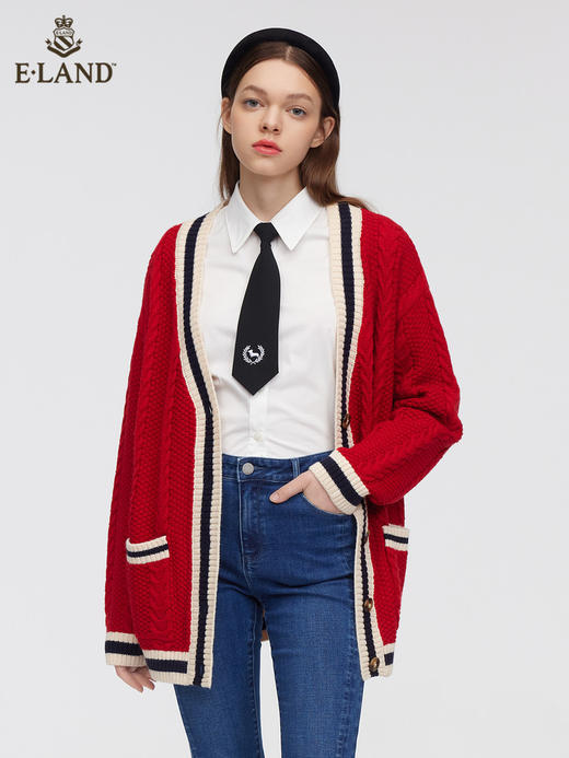 ELAND衣恋学院风立体绞花红色柯基开衫EECKC11H1C 商品图3