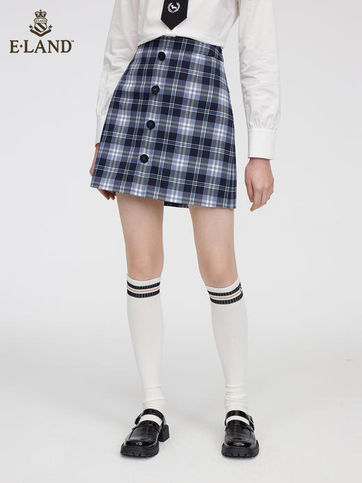 ELAND衣恋学院风蓝格子高腰A字裙EEWHC11H3B 商品图0
