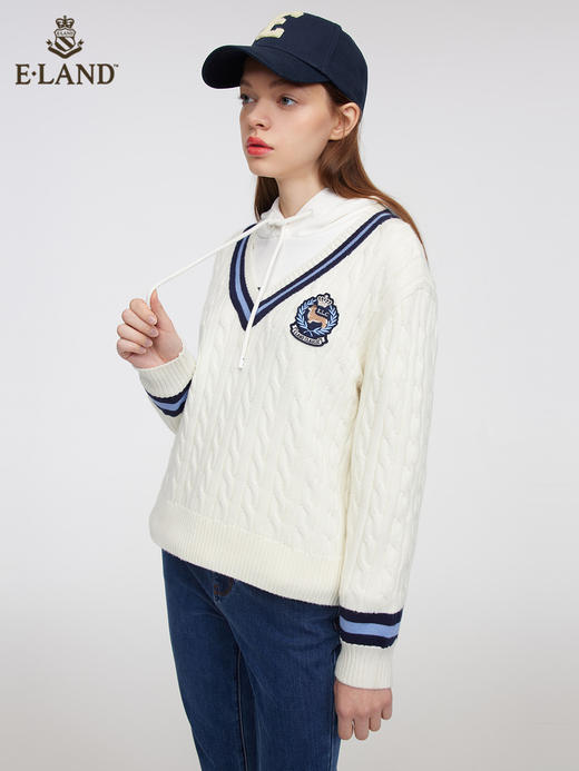 ELAND衣恋学院风柯基徽章V领毛衣EEKWC11H1C 商品图0