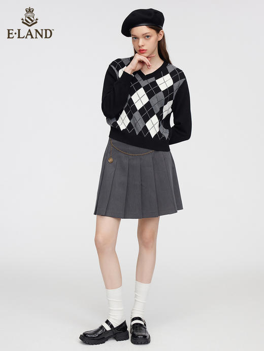 ELAND衣恋简约黑白菱纹V菱针织毛衣EEKWC12H3B 商品图0