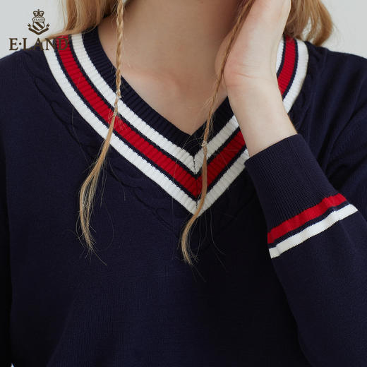 ELAND衣恋2022新款学院风V领甜美宽松撞色针织衫女EEKWB38C1M 商品图3