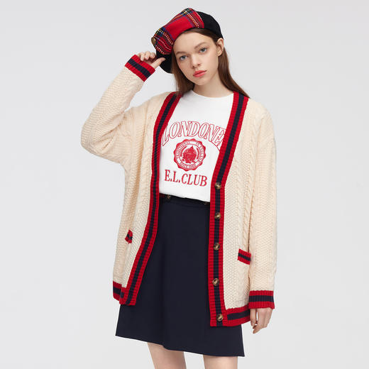 ELAND衣恋学院风立体绞花红色柯基开衫EECKC11H1C 商品图6