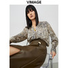 VIMAGE/纬漫纪春季新款100%桑蚕丝时尚印花V领显瘦泡泡袖小上衣女V1713303 商品缩略图5
