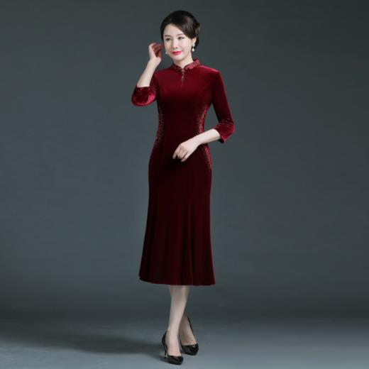 上海旗袍厂WD-WT21358旗袍婚宴秋款七分袖婚礼端庄气质高贵时尚丝绒qp 商品图6