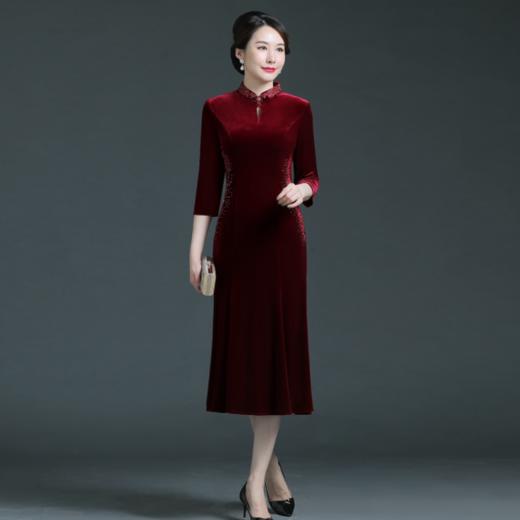 上海旗袍厂WD-WT21358旗袍婚宴秋款七分袖婚礼端庄气质高贵时尚丝绒qp 商品图3