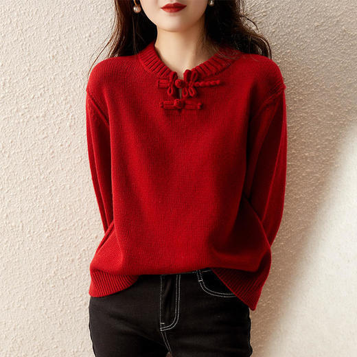 YYM7721 轻复古国风范别致蜻蜓盘扣立领针织毛衣女洋气红色上衣厚 商品图4
