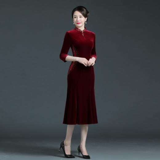 上海旗袍厂WD-WT21358旗袍婚宴秋款七分袖婚礼端庄气质高贵时尚丝绒qp 商品图7