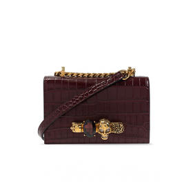 ALEXANDER MCQUEEN 亚历山大.麦昆 女士小号鳄鱼压纹皮革施华洛世奇水晶镶嵌手指骷髅单肩包 酒红色 653134 1HB0T 6140