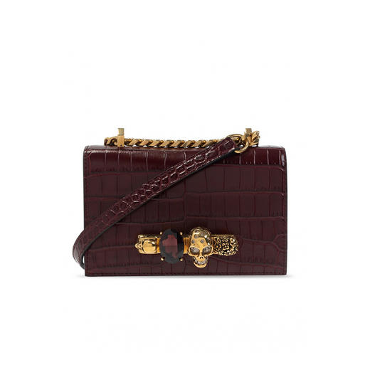 ALEXANDER MCQUEEN 亚历山大.麦昆 女士小号鳄鱼压纹皮革施华洛世奇水晶镶嵌手指骷髅单肩包 酒红色 653134 1HB0T 6140 商品图0