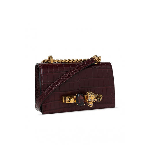 ALEXANDER MCQUEEN 亚历山大.麦昆 女士小号鳄鱼压纹皮革施华洛世奇水晶镶嵌手指骷髅单肩包 酒红色 653134 1HB0T 6140 商品图3