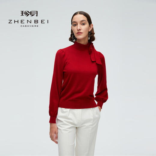 珍贝精纺羊绒飘带领女衫H61025 商品图0
