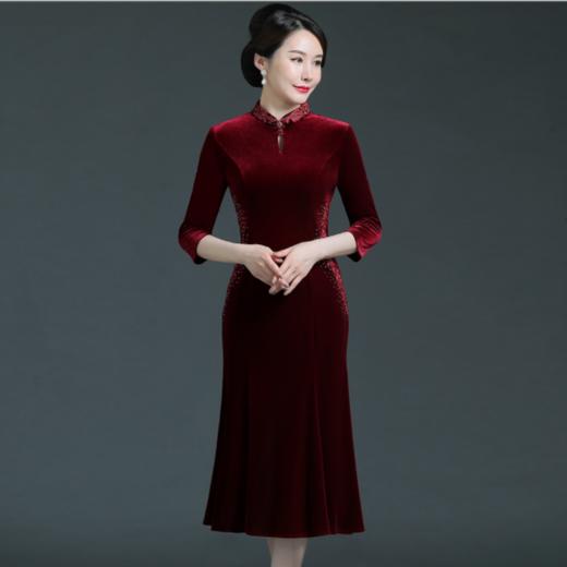 上海旗袍厂WD-WT21358旗袍婚宴秋款七分袖婚礼端庄气质高贵时尚丝绒qp 商品图2